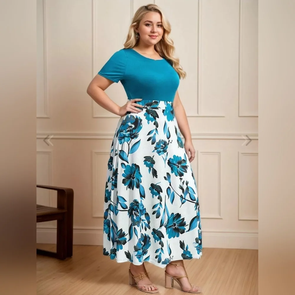 Plus Floral A-line Rounded Neckline Dress